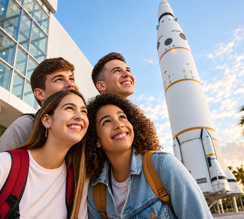 Four students smiling beside a large rocket outside a modern building