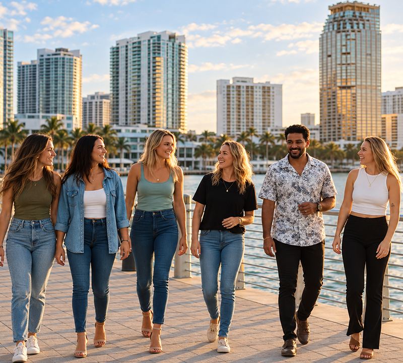 Six friends walking on a sunny boardwalk with city skyscrapers in the background