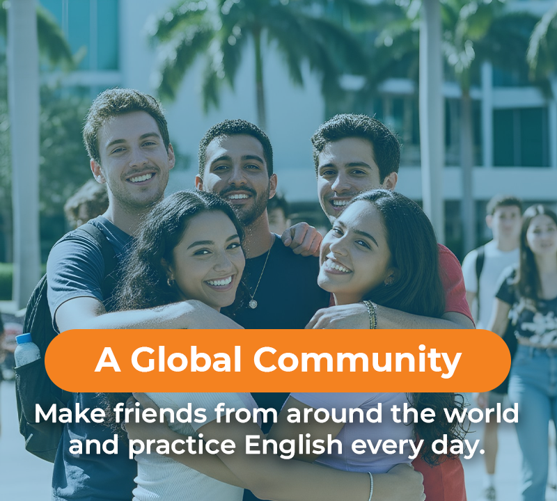 Group of smiling young adults in front of palm trees. Text says