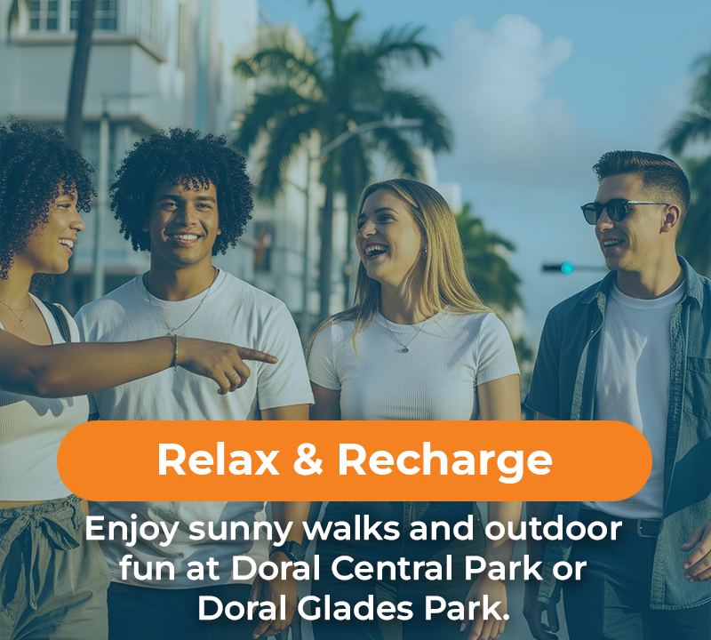 Four young people smiling while walking outdoors; ad for Doral Central Park and Doral Glades Park, “Relax & Recharge”.