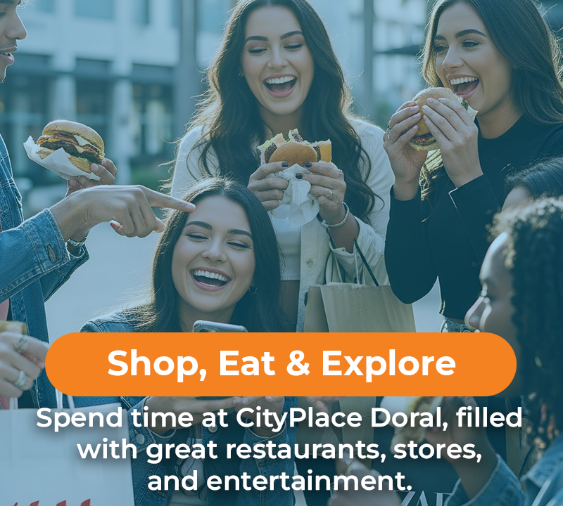People eating food, shopping, and having fun at CityPlace Doral.