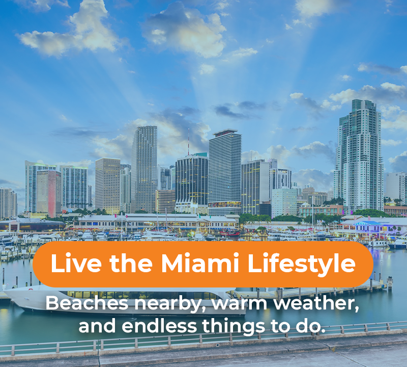 Miami skyline, text promoting the