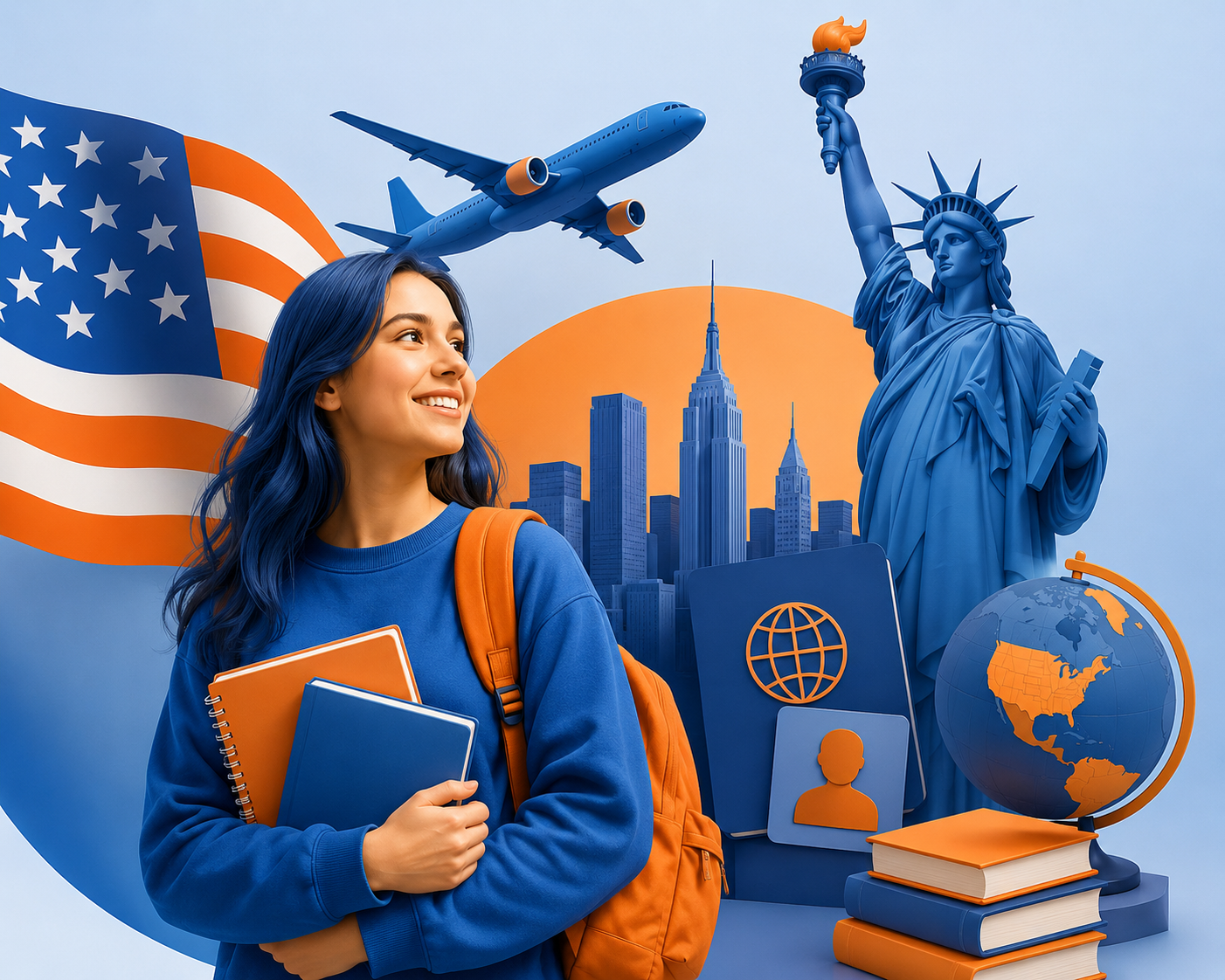 Smiling student with books and backpack, with U.S. flag, airplane, Statue of Liberty, and city skyline