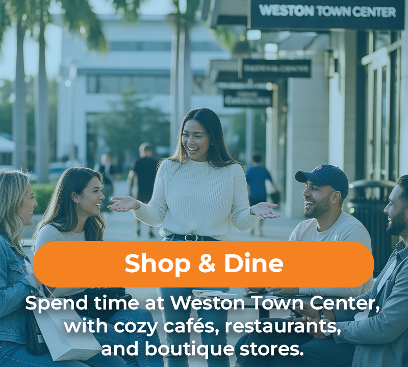 People at Weston Town Center, smiling, socializing. Orange 