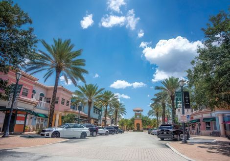 Palm-lined street with pastel shops, parked cars, and a blue sky with clouds.