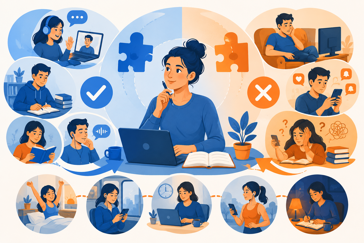Online team collaboration illustration with chat, laptop, video call, checkmarks, and cross icons