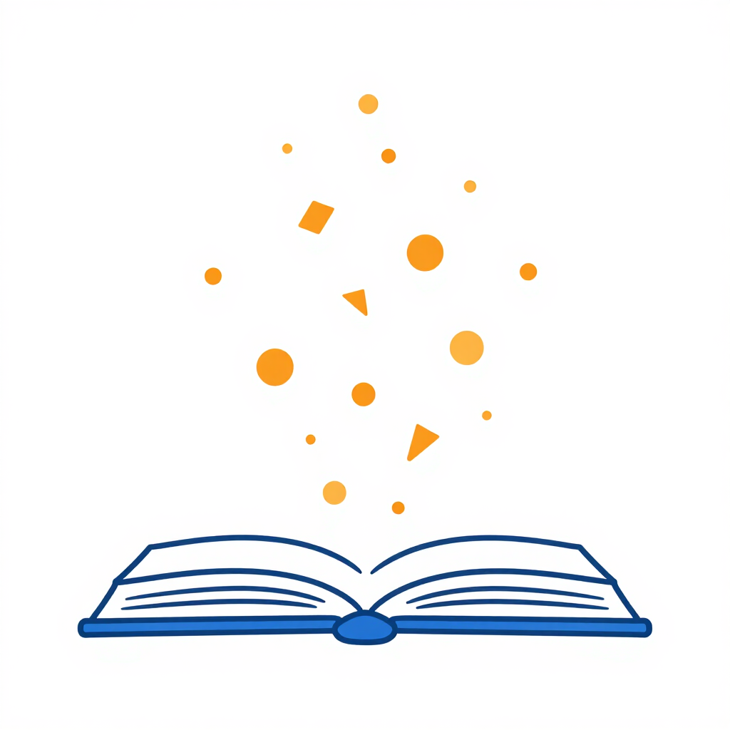 Open blue book with orange symbols floating upward, suggesting learning or magic