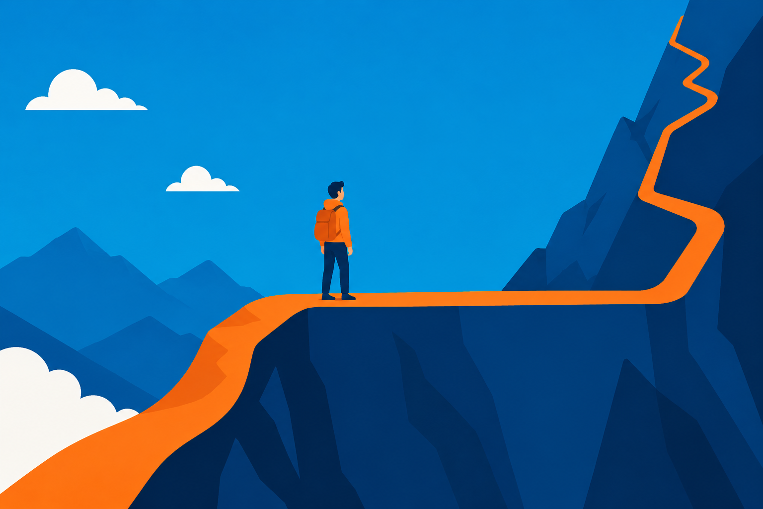 Person in orange jacket standing on a winding path up a blue mountain under a clear sky.