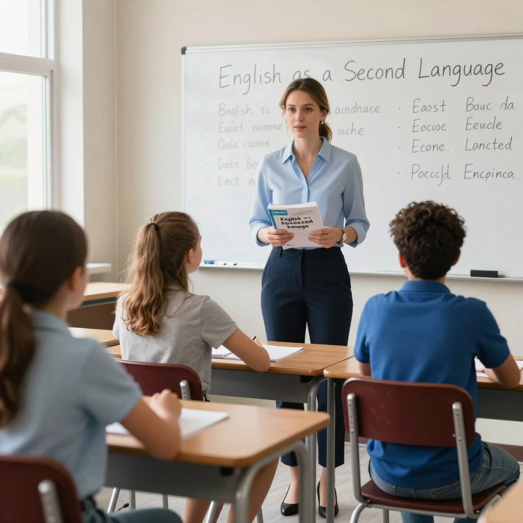 Teacher standing at a classroom board, holding papers while students sit facing her.