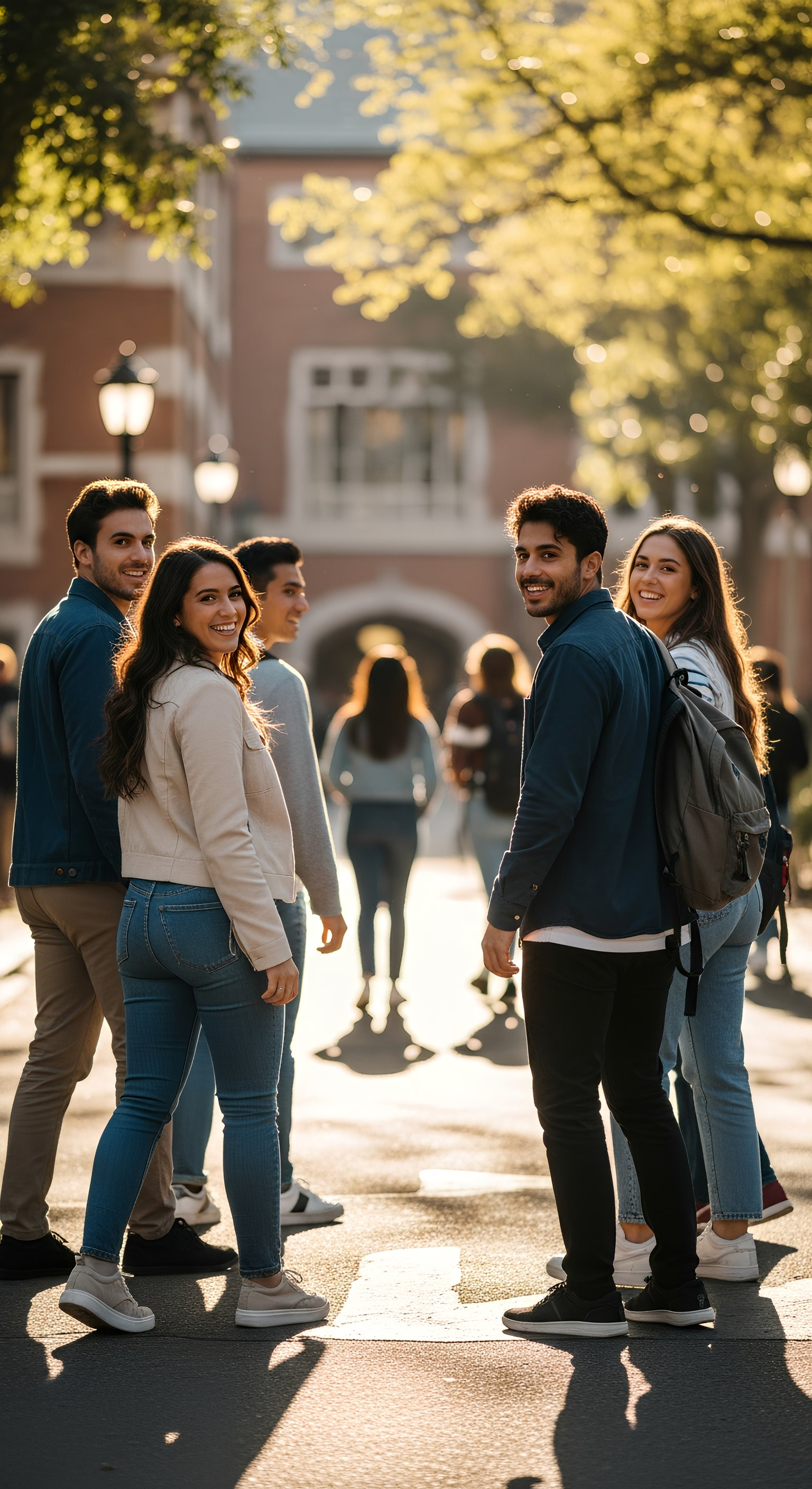 Grupo de personas de pie en un sendero soleado del campus con árboles y edificios al fondo.