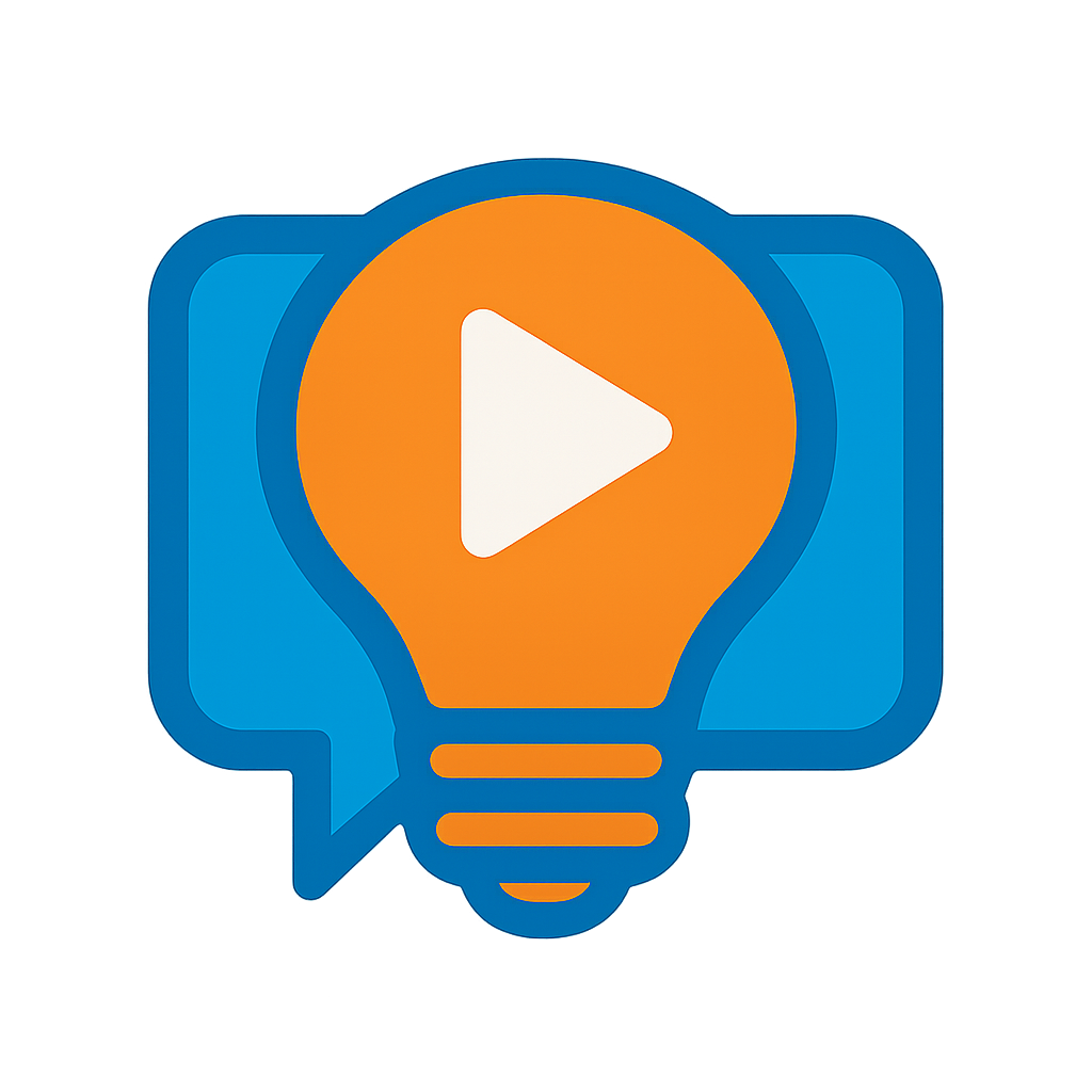 Orange lightbulb with play button inside, in blue speech bubble.
