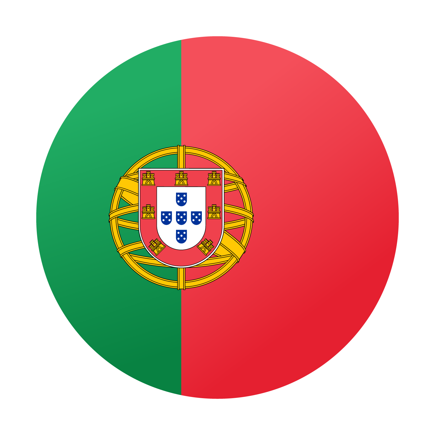 Portuguese flag in a circular shape, with green and red vertical sections and coat of arms.
