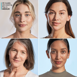 A collage of four women 's faces with the words all models are wearing flex in medium