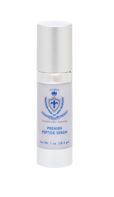 A bottle of peptide serum with a shield on it