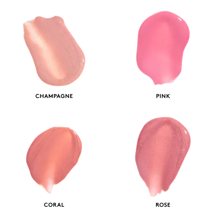 Four different shades of lipstick are shown including champagne pink and coral