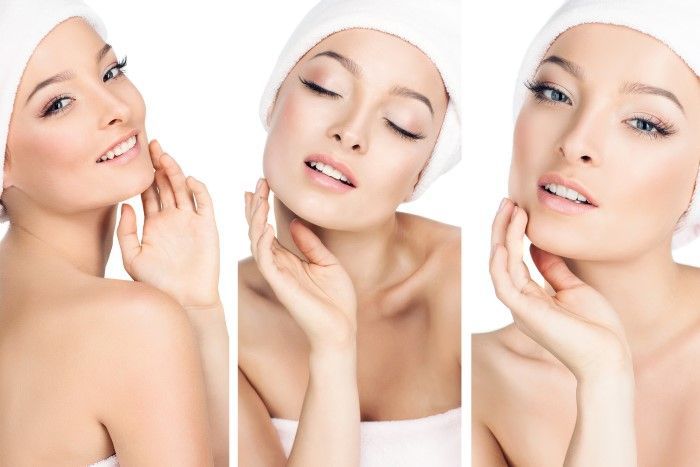 Three pictures of a woman with a towel on her head.