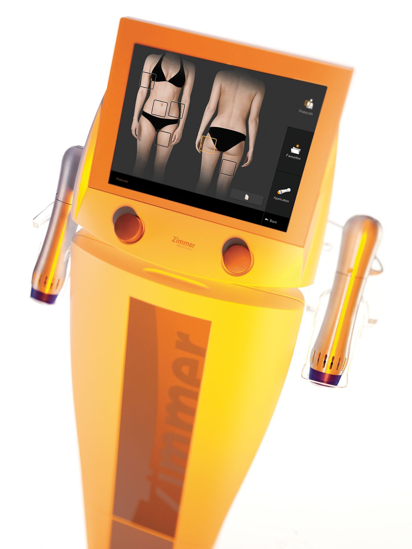 An orange device with a picture of a woman on the screen