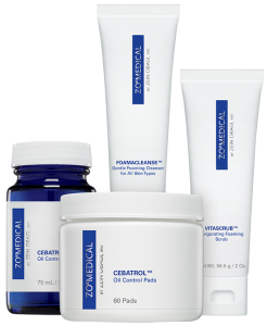 Four bottles of zomedical products including ceratrol oil control pads