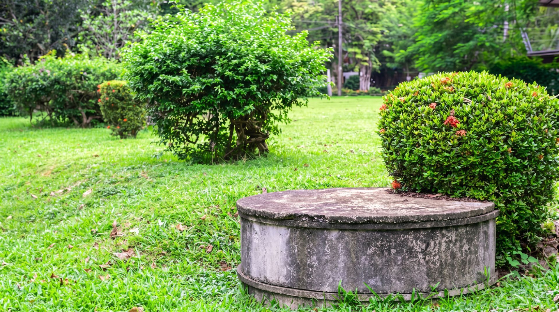Concrete well in a green park with trimmed bushes and grass.
