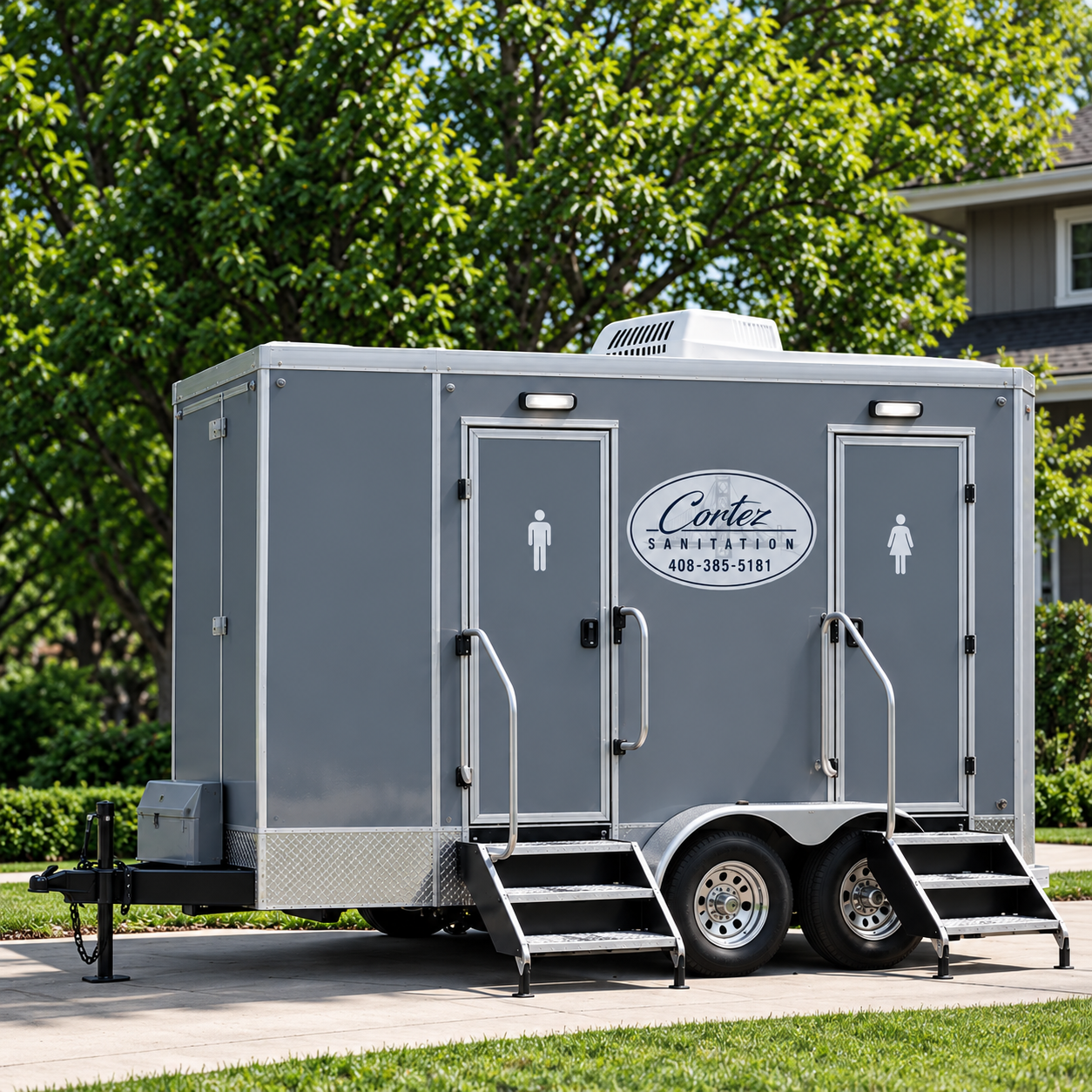 Gray portable restroom trailer with steps, parked outdoors under trees.