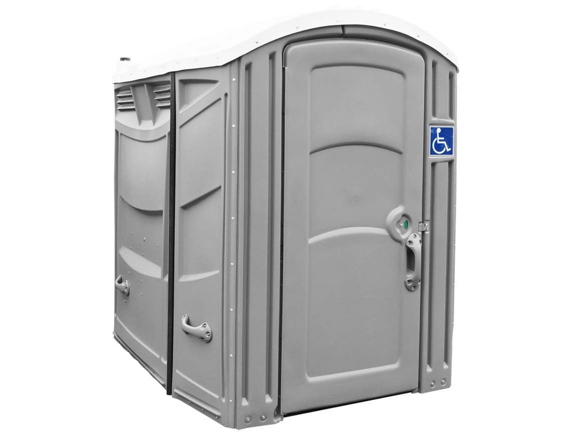 Gray accessible portable restroom with wheelchair sign, viewed from the front-left side.