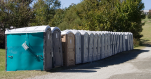 Row of gray portable toilets beside a turquoise unit on a gravel roadside, with trees in the background
