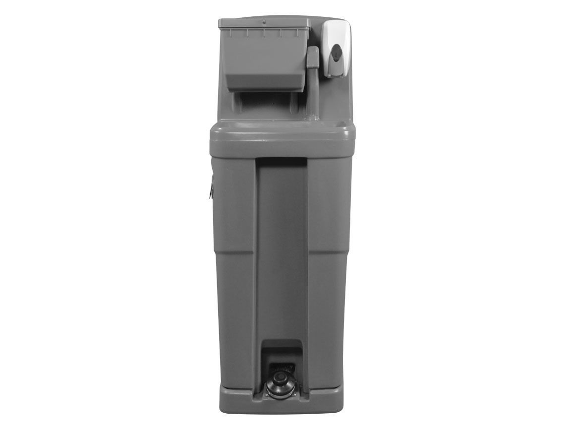 Gray wall-mounted utility box with a hinged lid and narrow front compartment