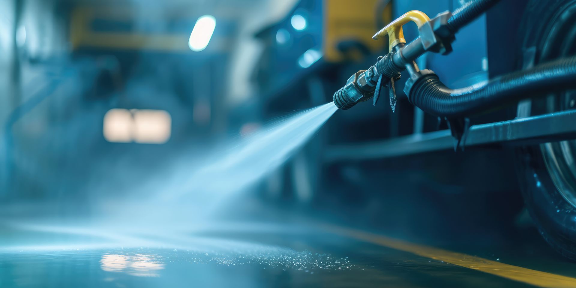Un nettoyeur haute pression pulvérise de l'eau sur un parking.