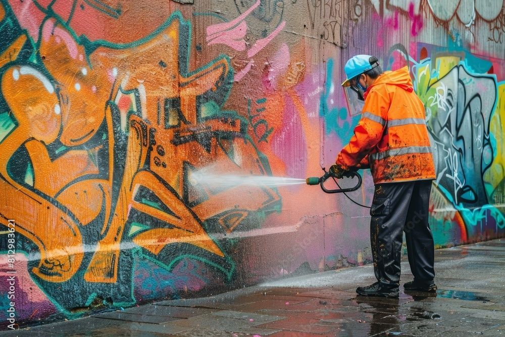 Un homme nettoie des graffitis sur un mur avec un nettoyeur haute pression.