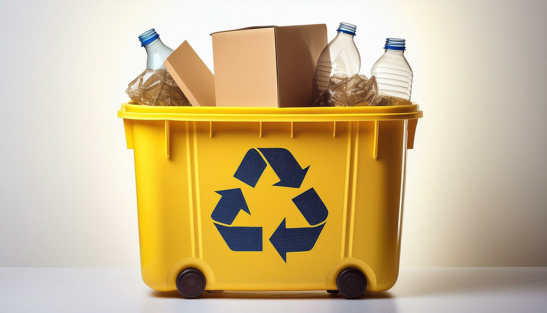 Une poubelle de recyclage jaune remplie de bouteilles, de boîtes et de carton.