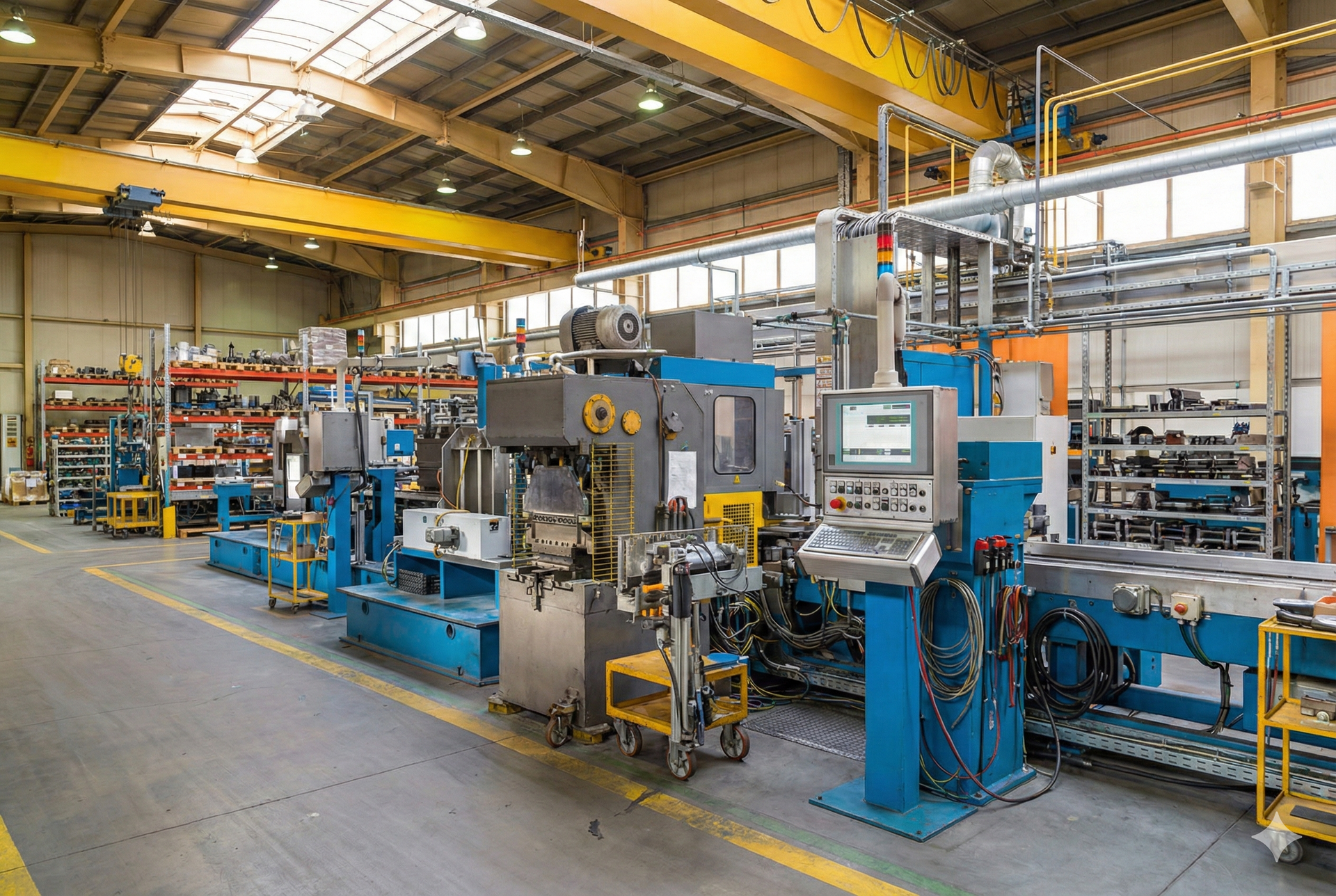 Intérieur d'usine avec des machines bleues et grises. Lignes jaunes au sol, sur les poutres et les étagères.