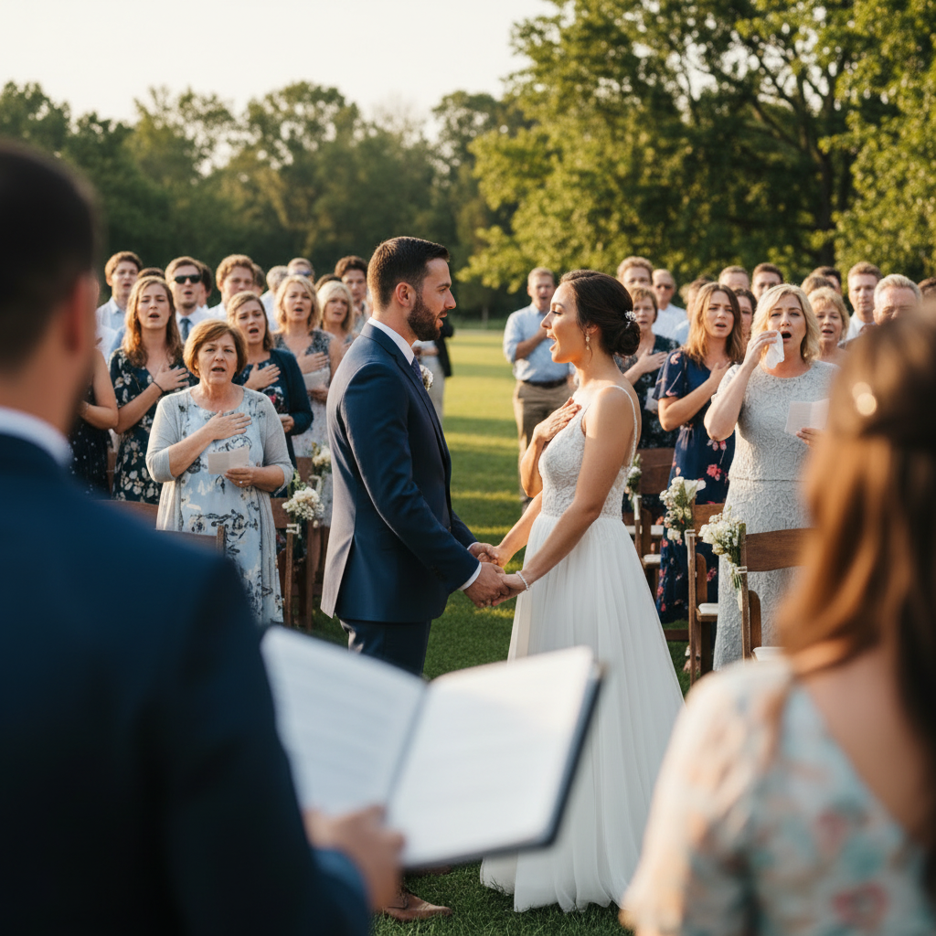 wedding guests being led to speak community vows