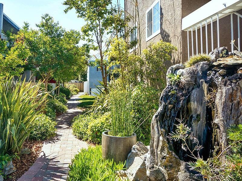 Landscaped courtyard path with lush plants and a rock waterfall between apartment buildings.