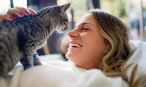 Woman smiling, petting a gray tabby cat lying on a white blanket.