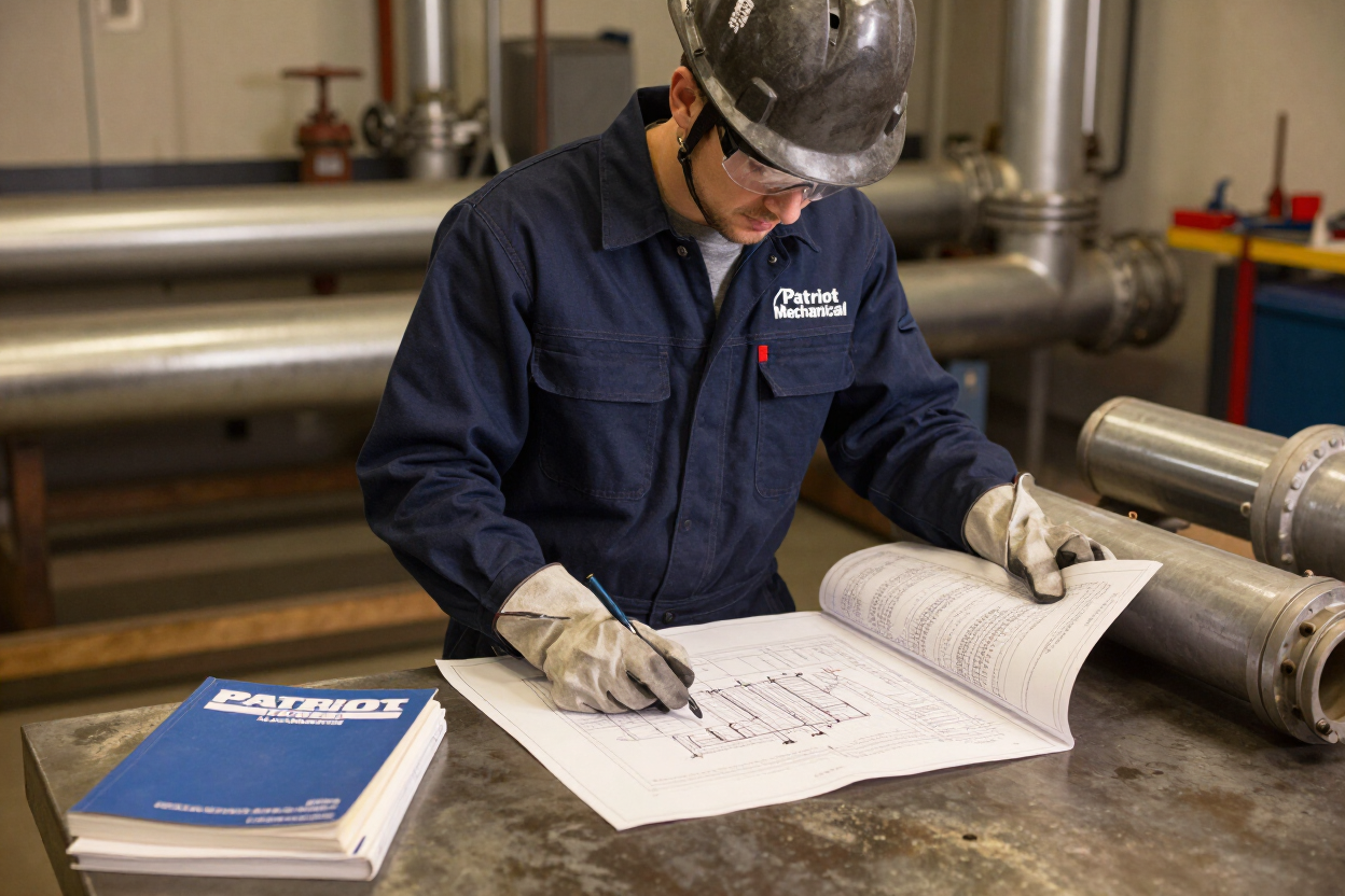 Worker in hard hat reviews technical plans at an industrial workbench.