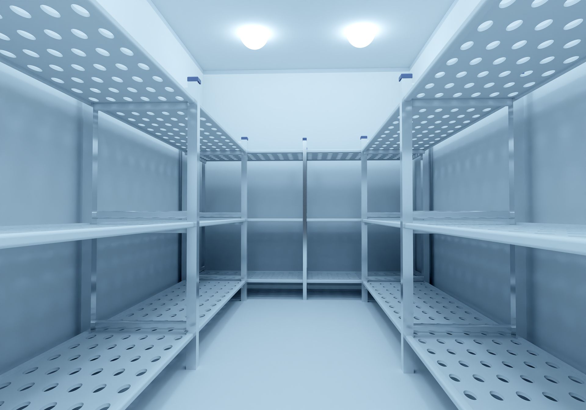 Empty blue-gray metal storage room with perforated shelves and bright ceiling lights Empty blue-gray metal storage room with perforated shelves and bright ceiling lights