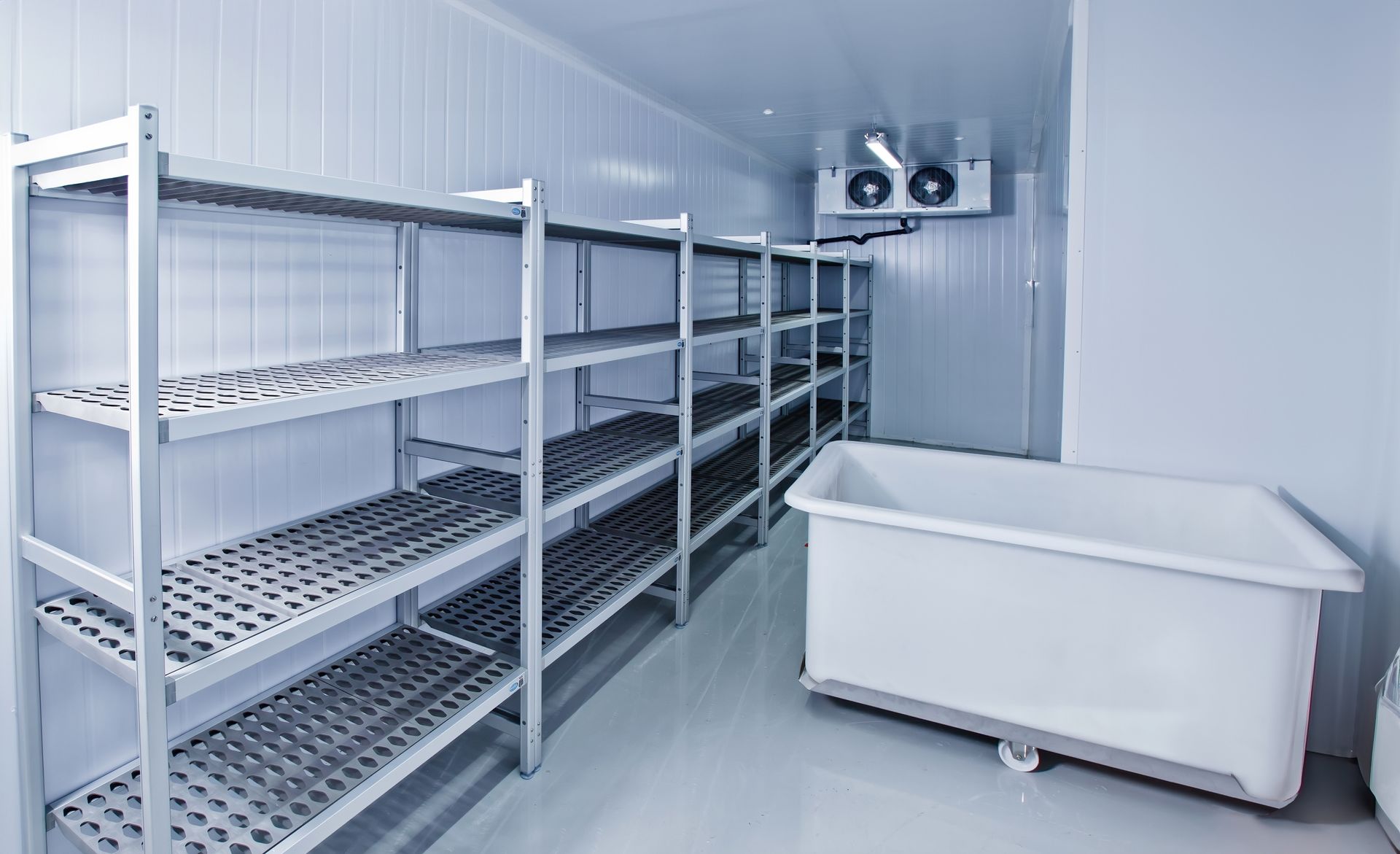 Empty cold storage room with metal shelving and a white chest freezer Empty cold storage room with metal shelving and a white chest freezer
