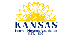 Kansas Funeral Directors Association logo with yellow sunflower and blue text, Est. 1897