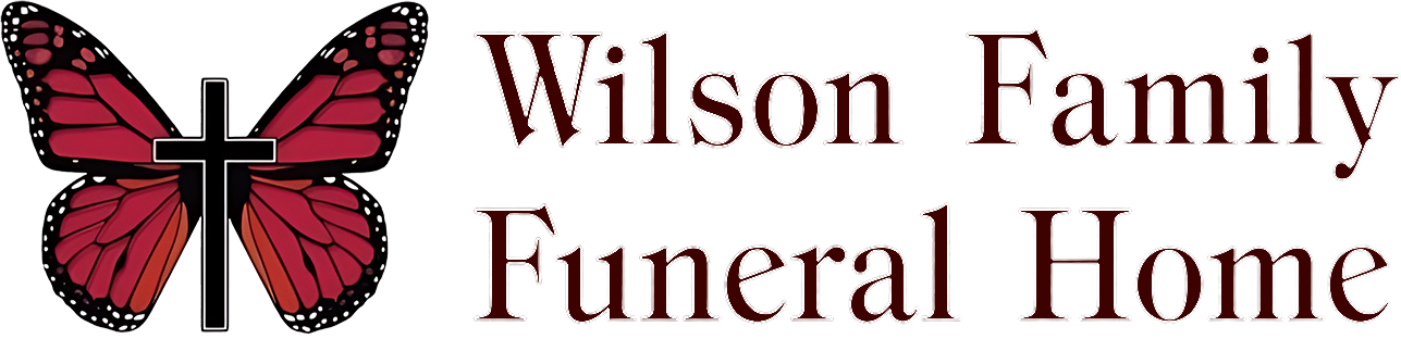 Logo of Wilson Family Funeral Home, with a butterfly-cross design and text in burgundy.