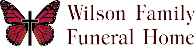 Logo of Wilson Family Funeral Home, with a butterfly-cross design and text in burgundy.