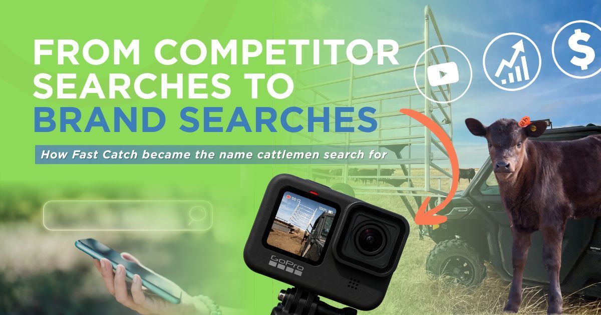 GoPro camera on a grassy field with calf, text reading “From competitor searches to brand searches.”