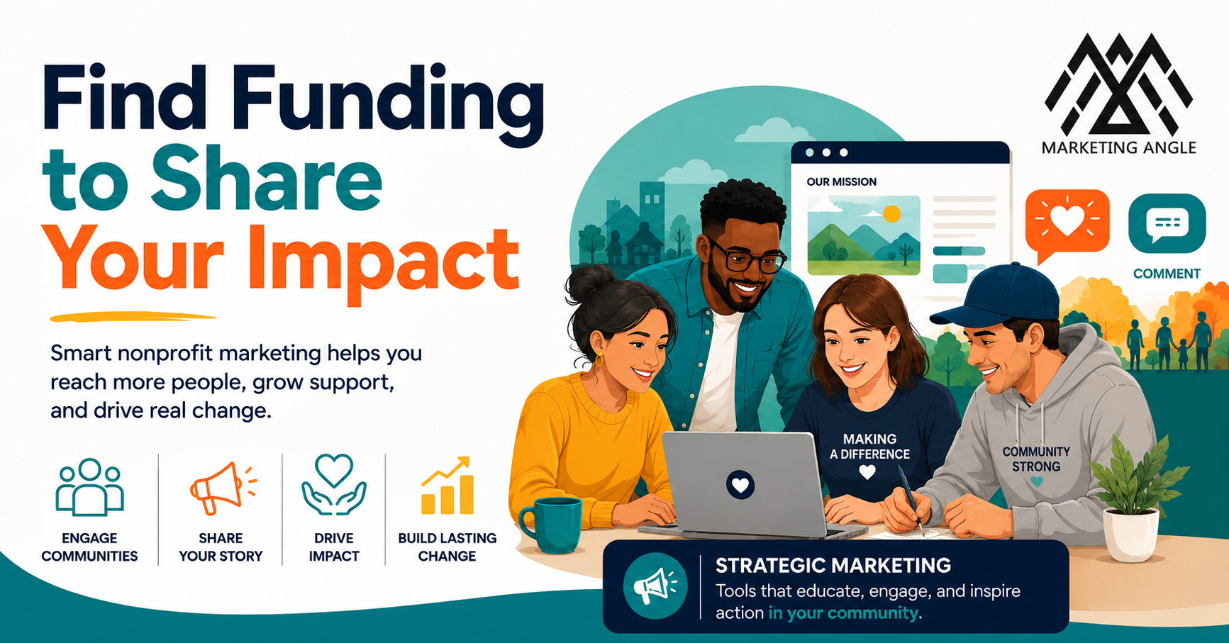Illustration of nonprofit professionals collaborating around a laptop.