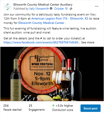 A facebook post about a fundraiser for ellssworth county medical center auxiliary