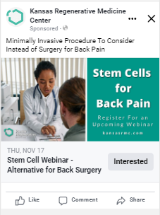 A facebook ad for stem cells for back pain