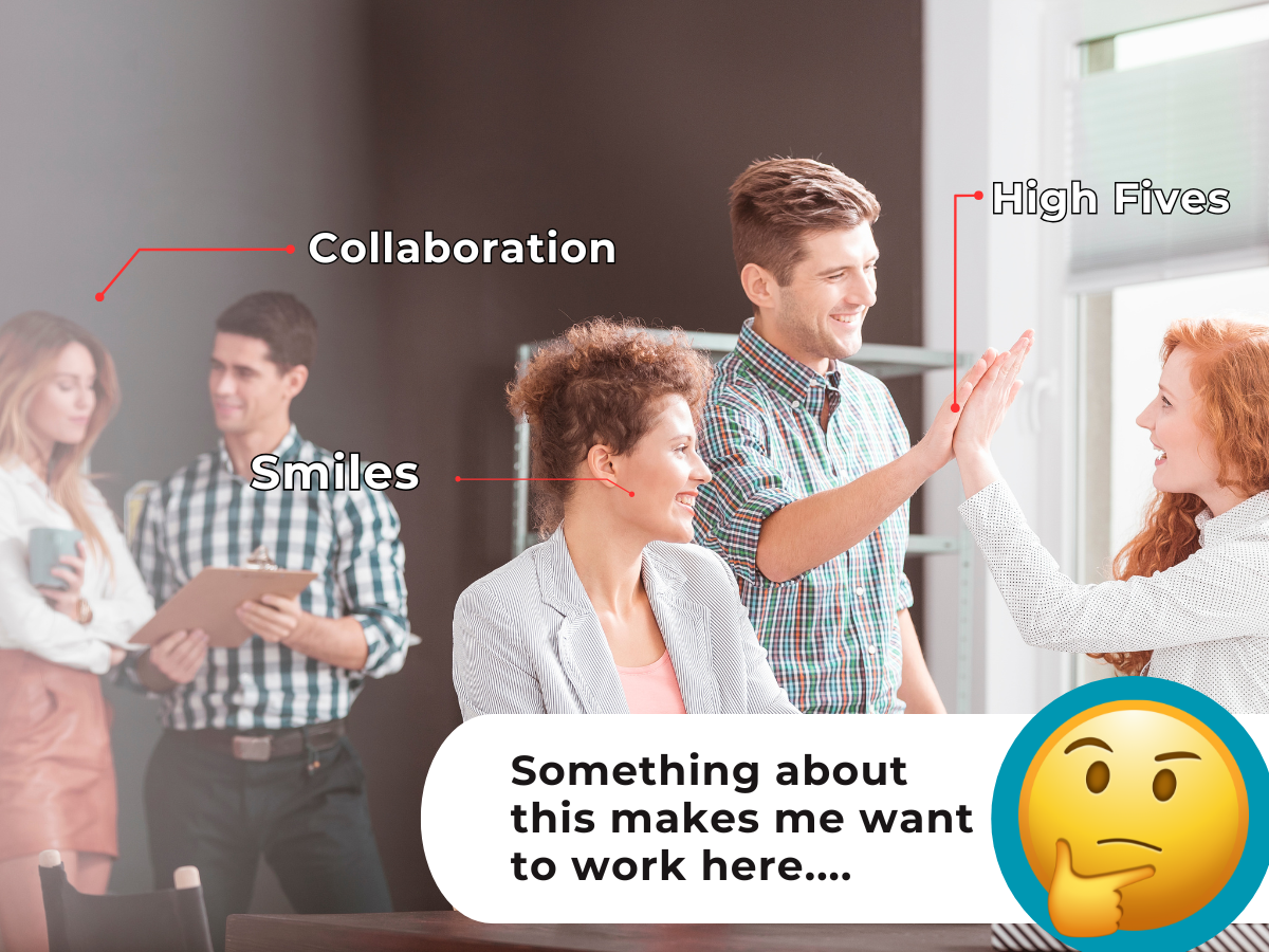 man & woman collaborating in background & man & woman high-fiving in foreground with a woman looking at them
