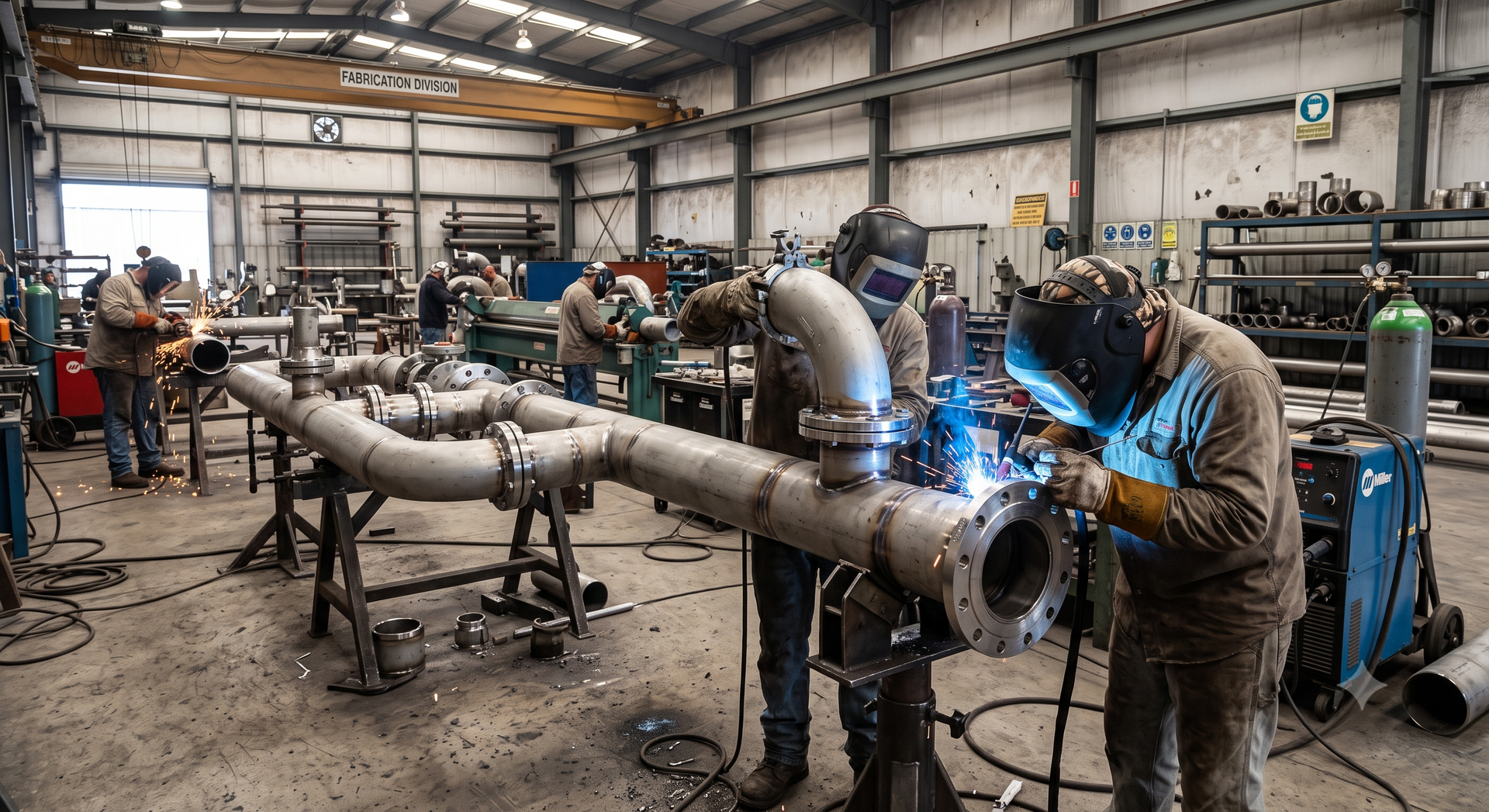 Welder using a torch, creating sparks on metal.