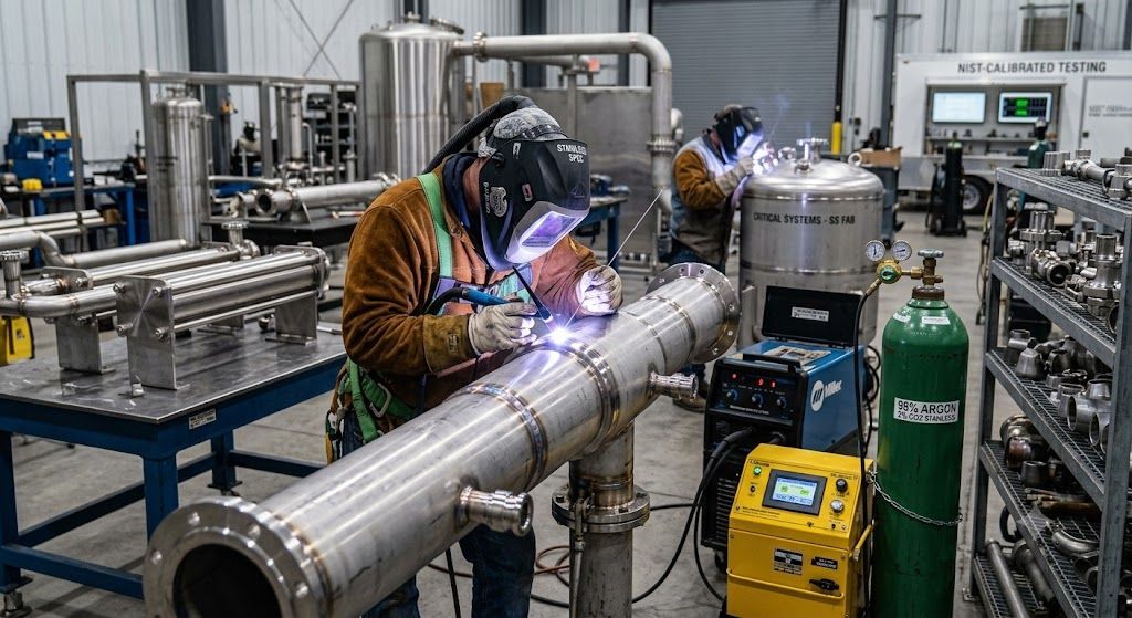 Welder using a torch on a metal pipe, wearing gloves and safety gear, creating a weld.