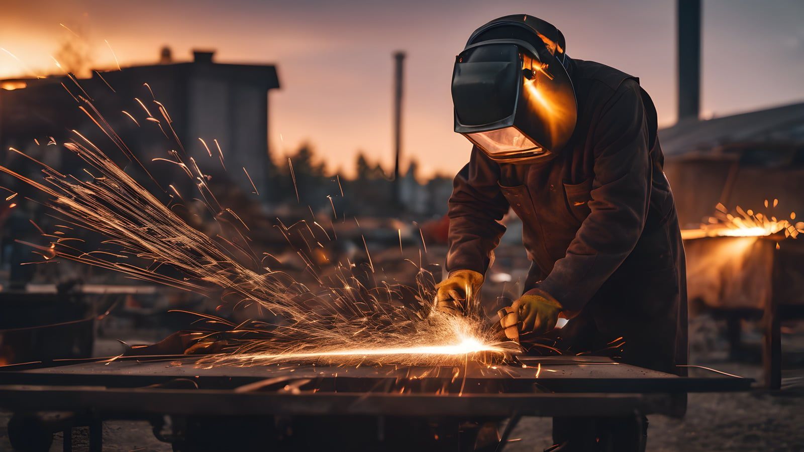 Welder wearing gloves using a welding torch on metal pipes. Sparks and bright light are present.