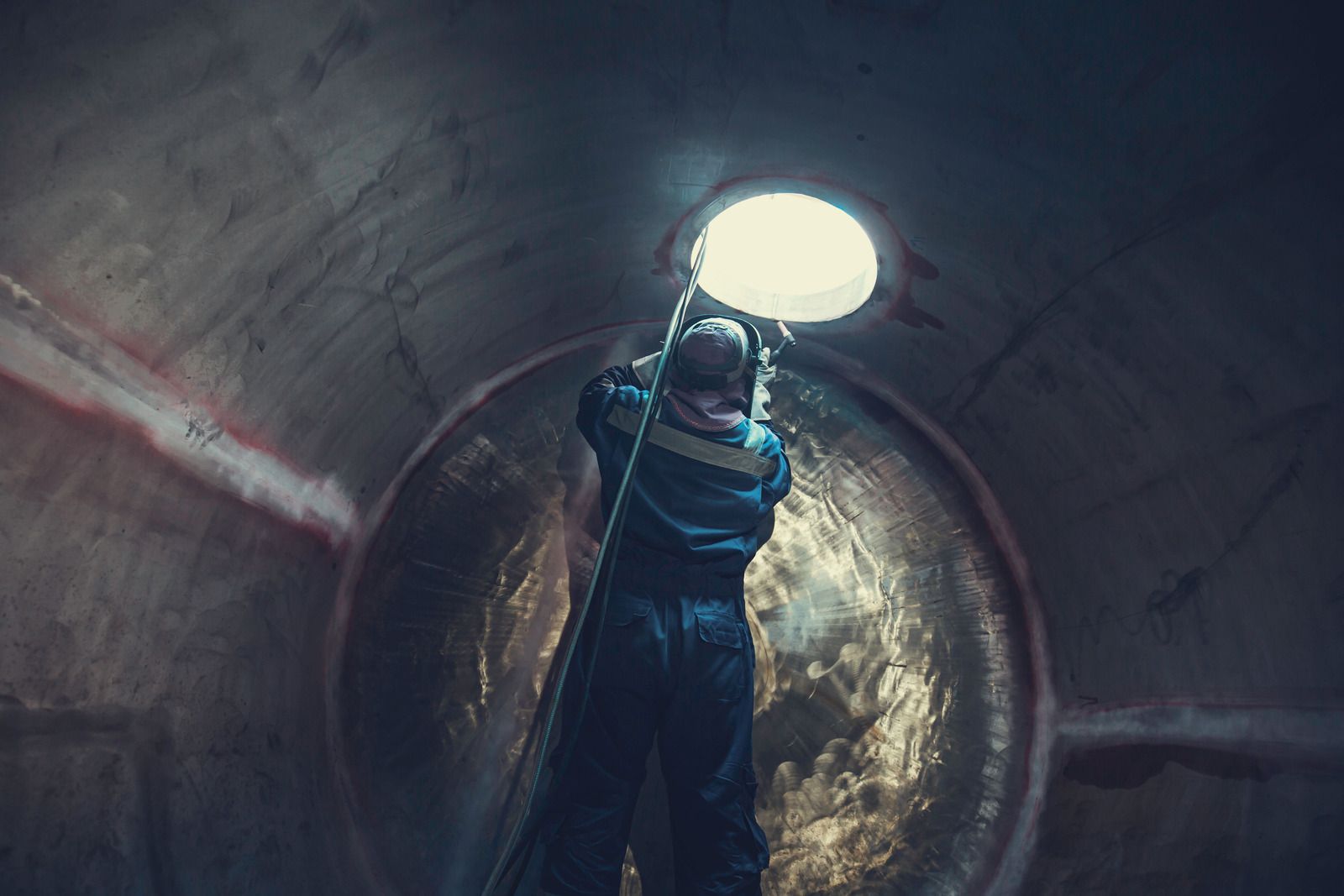 Welder wearing gloves using a welding torch on metal pipes. Sparks and bright light are present.