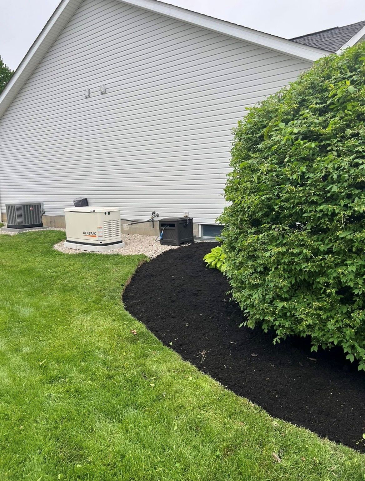 White house with wavy siding, landscaped yard, black mulch bed, and a large green bush.